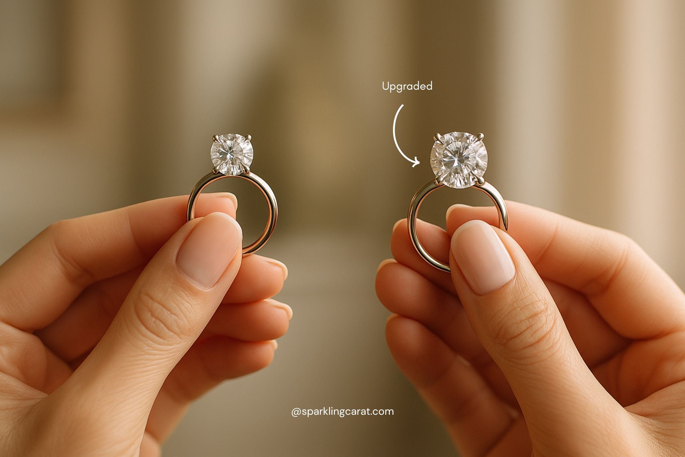 Side-by-side image of a smaller diamond ring and a larger upgraded ring from Sparkling Carat’s Diamond Upgrade Program.