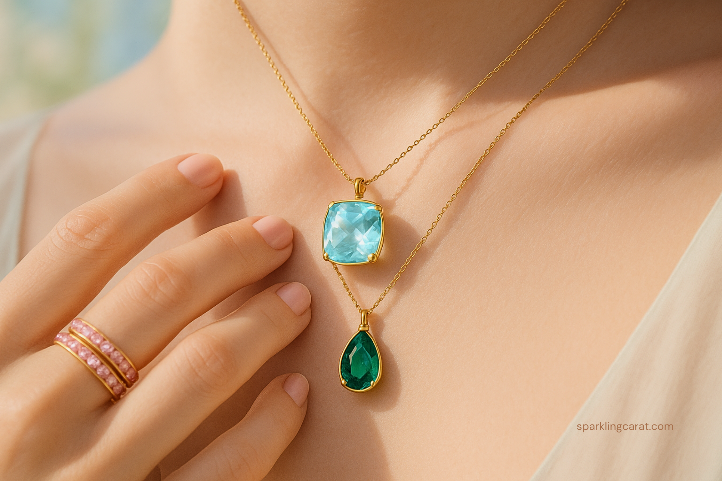 Layered spring/summer gemstone jewelry with soft tones.