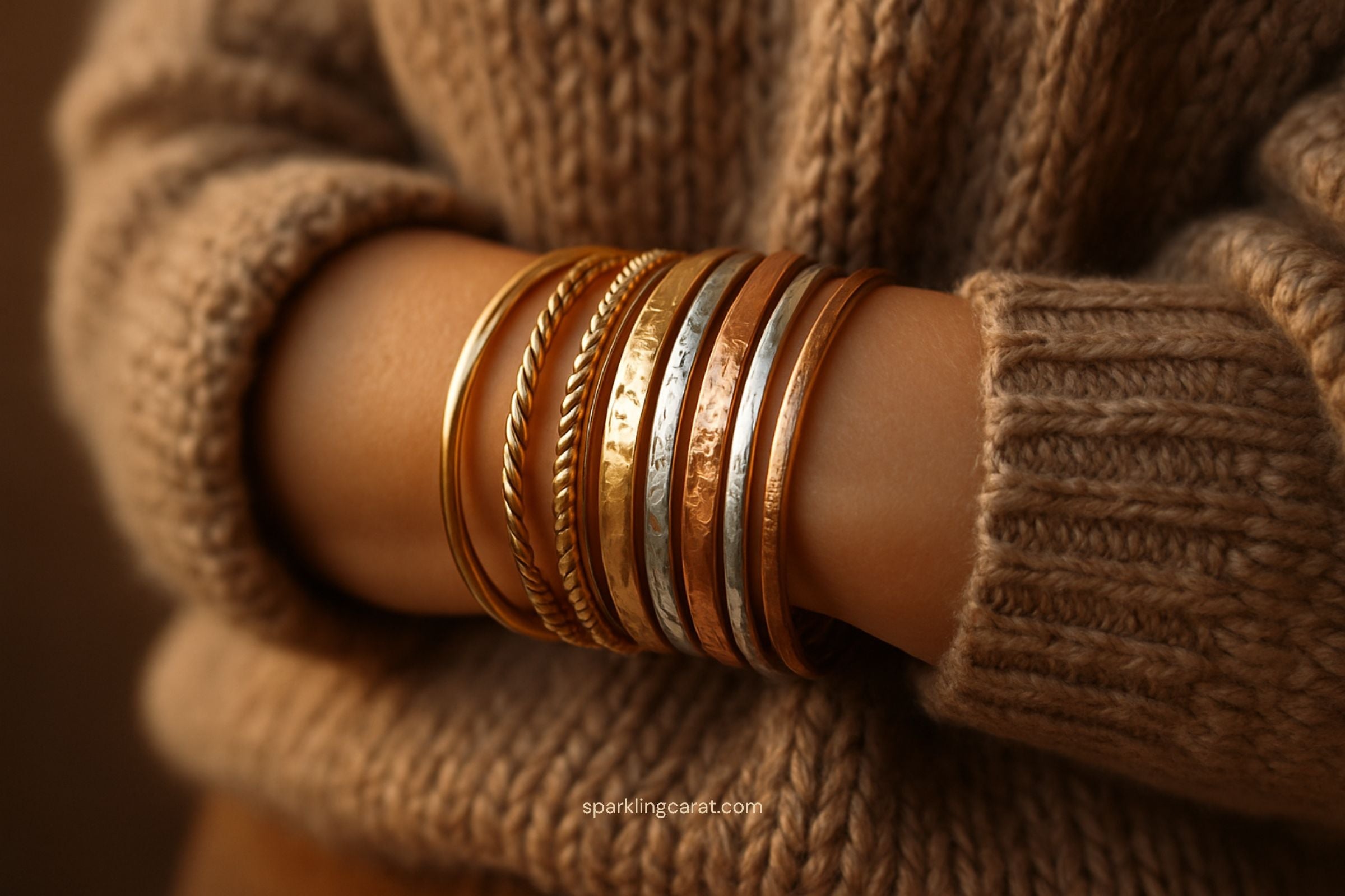 Stacked bangles and layered bracelets styled on a wrist wearing a fall knit sweater.