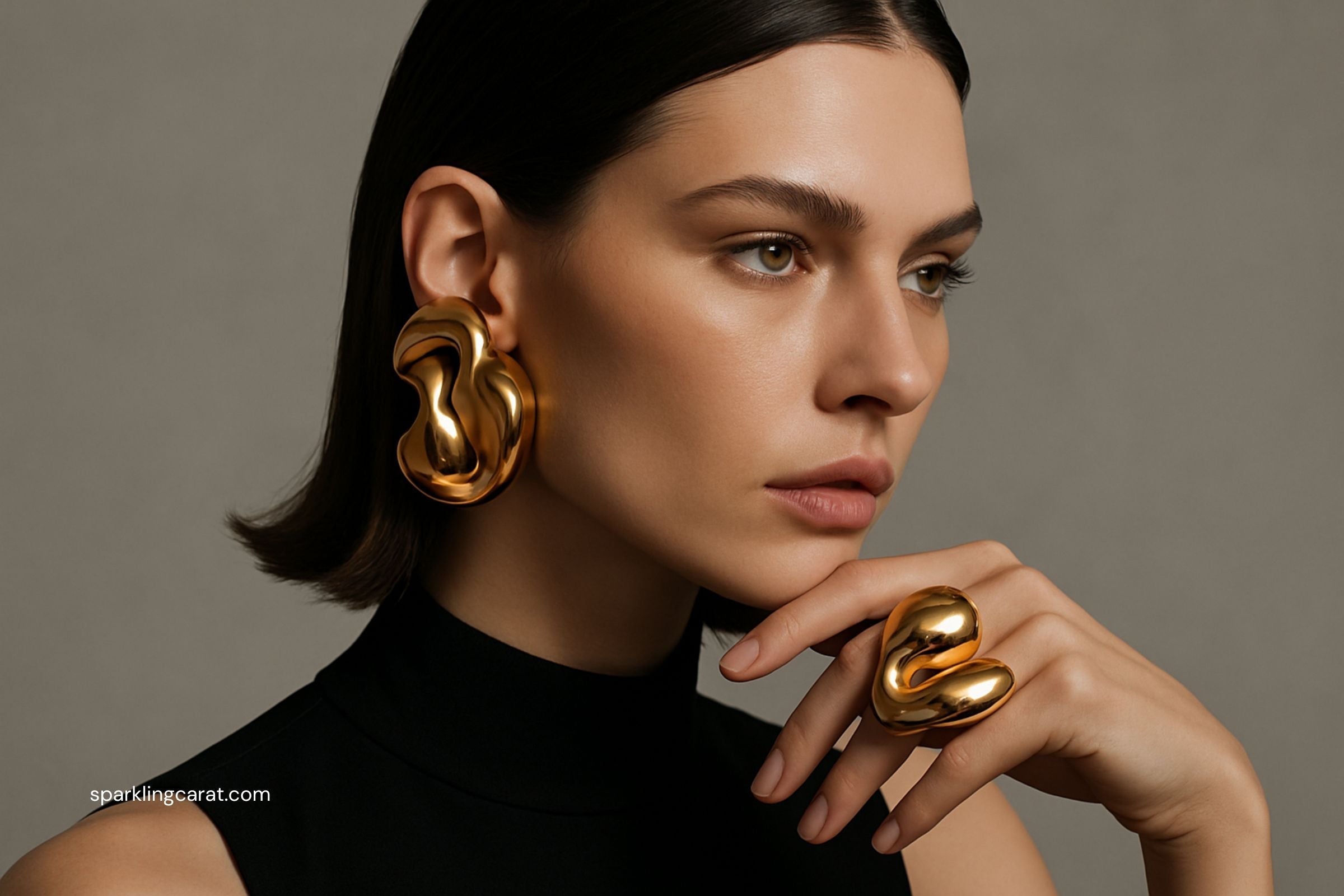 Model wearing oversized gold sculptural earrings and a bold statement ring – 2025 jewelry trends