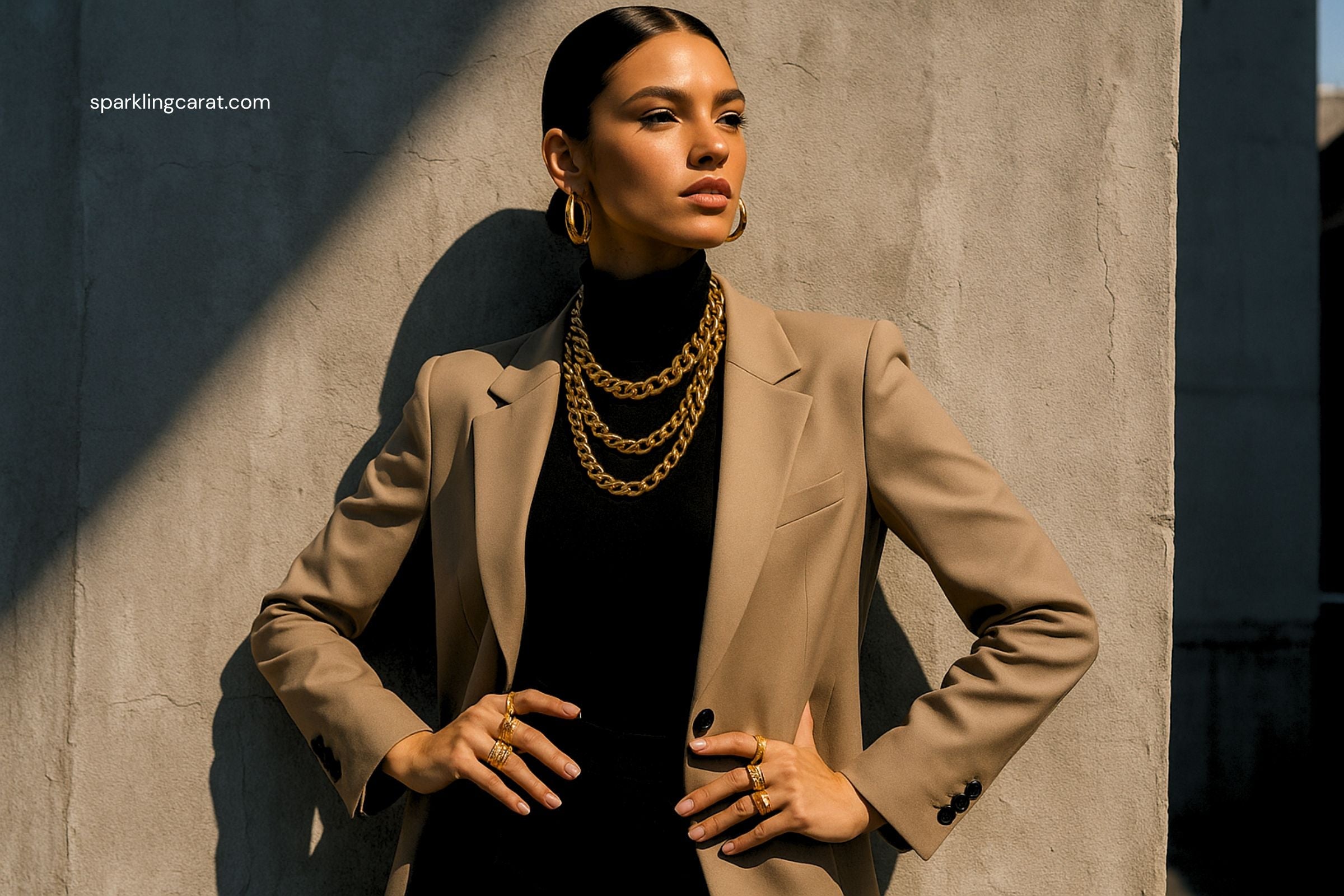 Fashion influencer styling chunky gold jewelry with bold necklaces and hoop earrings layered over a minimalist outfit.