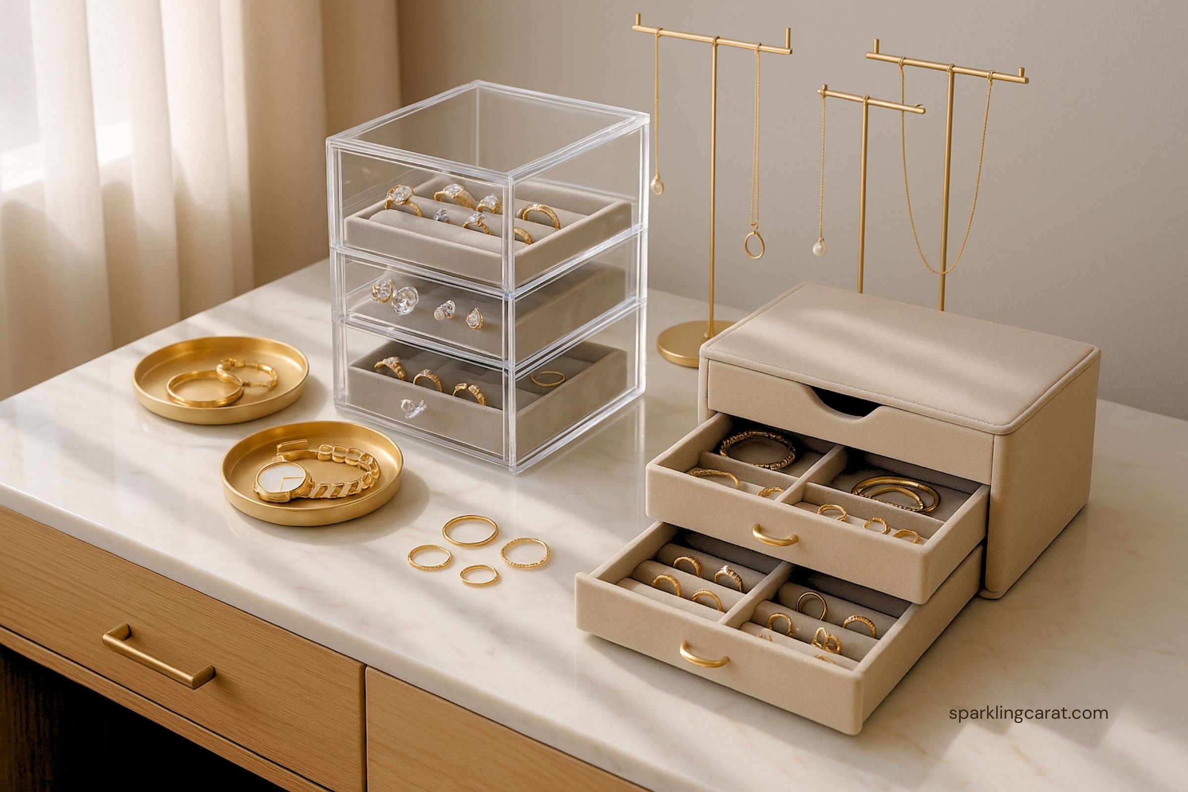 Modern jewelry organization setup with trays, holders, and drawers on a minimalist vanity.