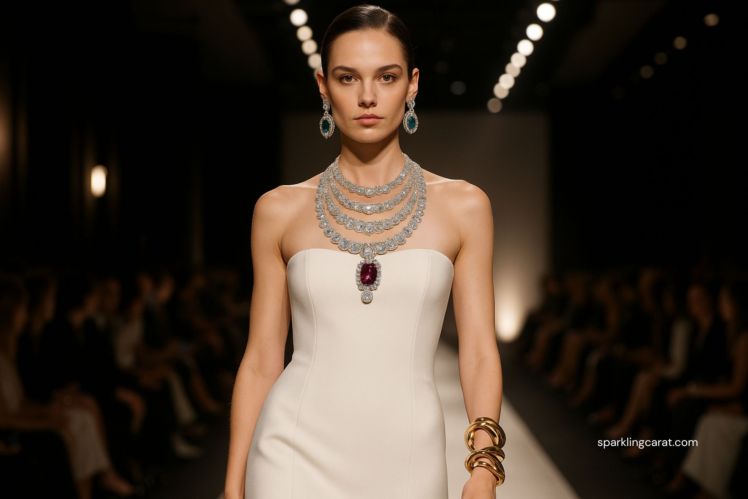 Model on runway wearing statement high jewelry pieces during Summer 2025 fashion show.