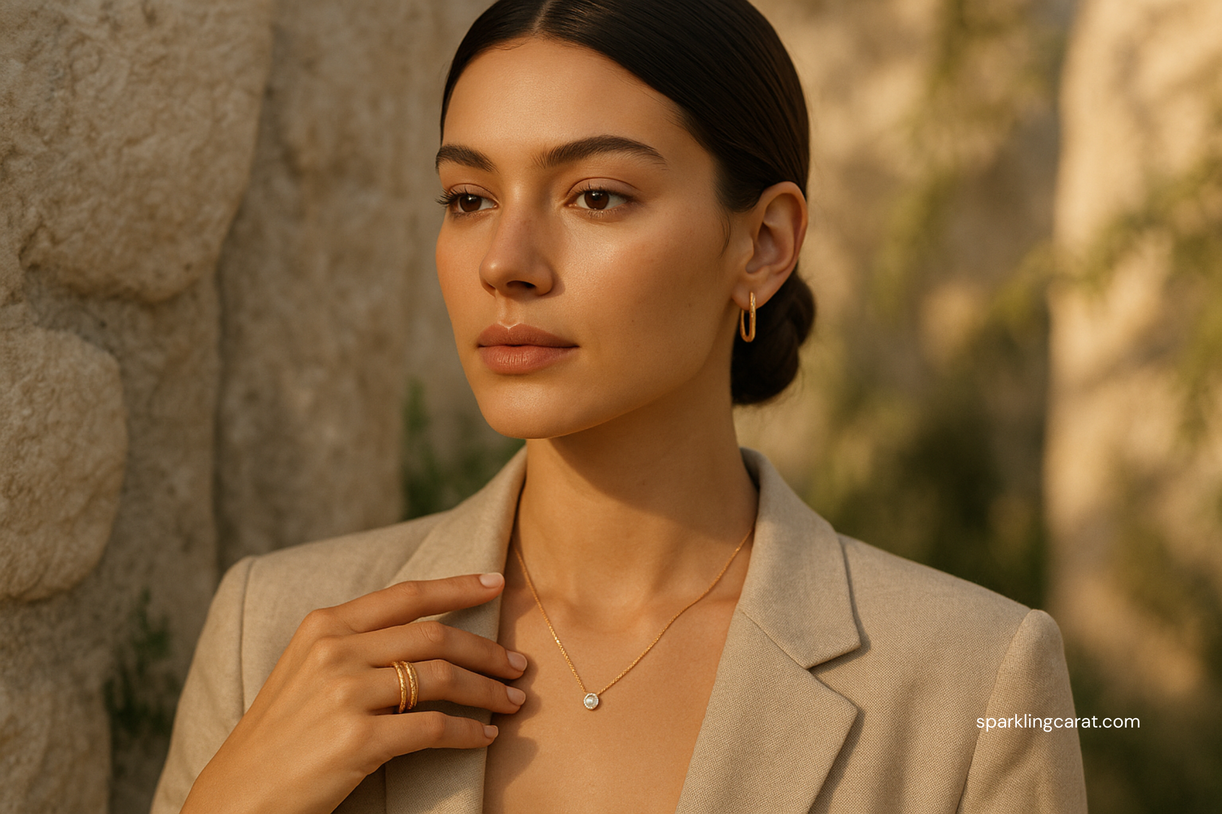 Sustainable jewelry flat lay with recycled metals and organic motifs.