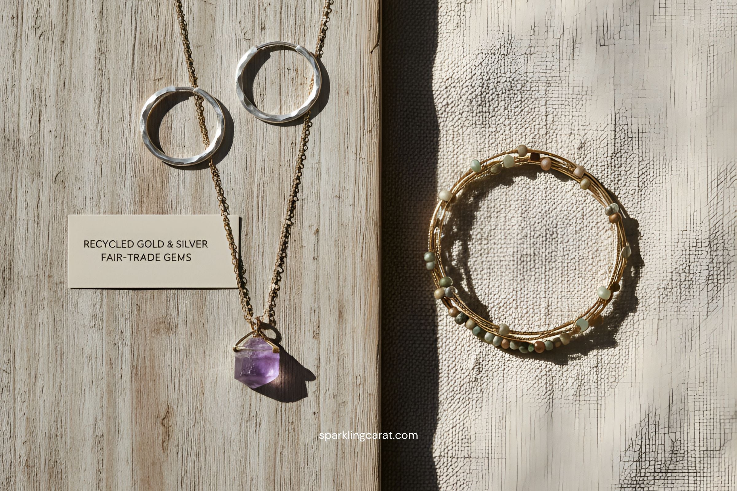 Recycled-metal rings and fair-trade gemstone earrings on eco-friendly linen background.