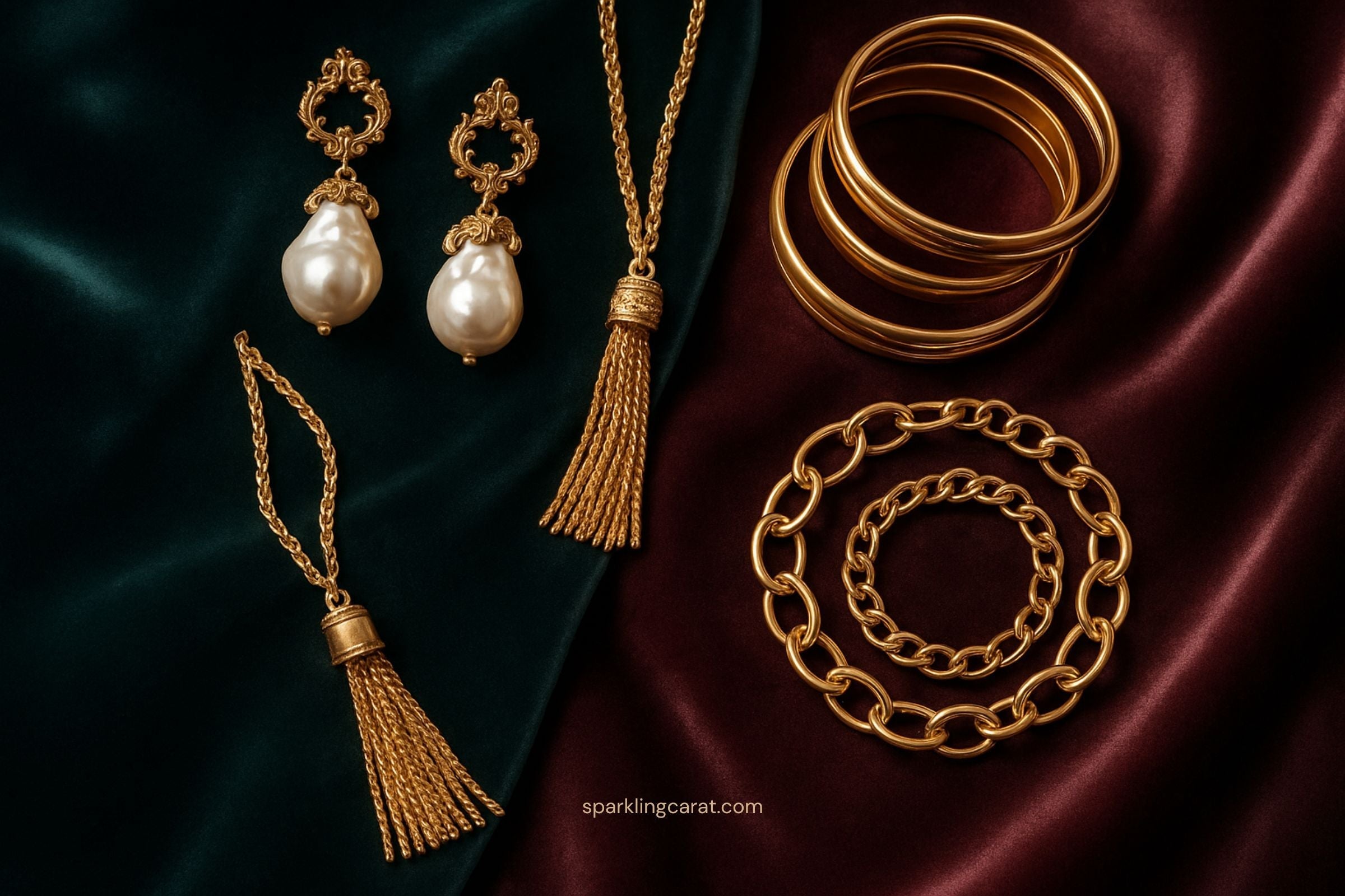 Baroque-inspired tassel and pearl jewelry styled on rich velvet fabric.