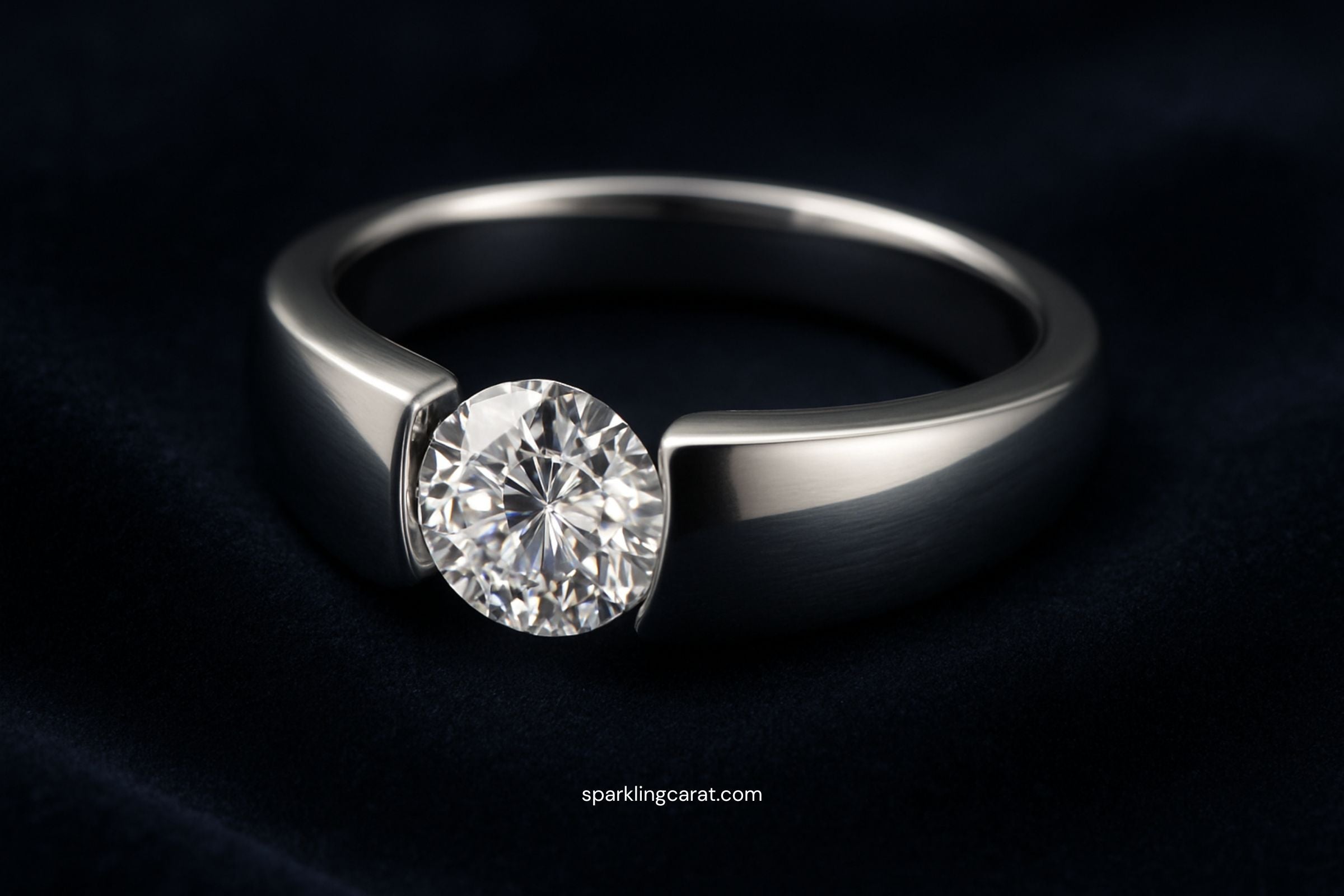 Modern platinum tension-set engagement ring with suspended round diamond on velvet background.