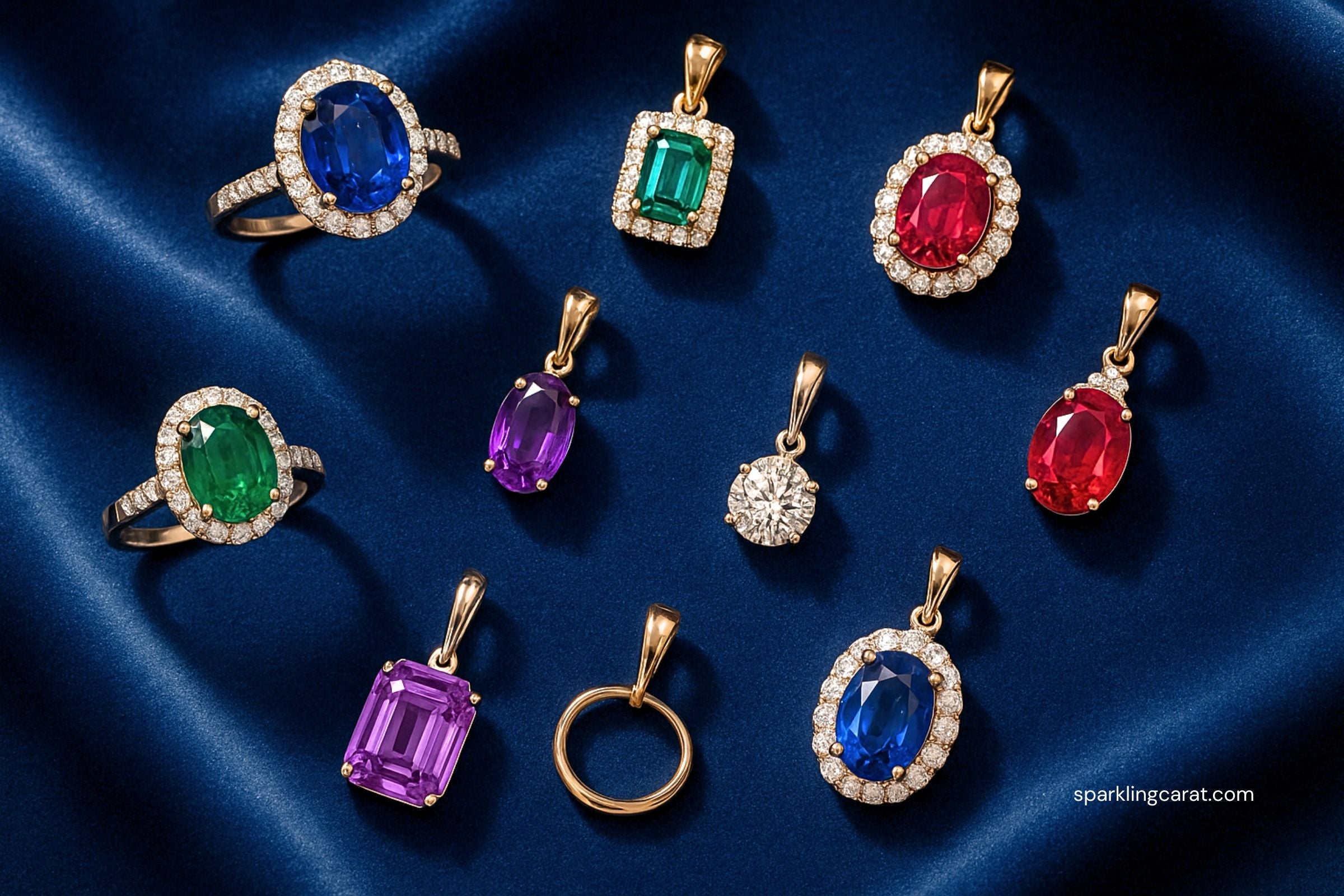 A colorful arrangement of gemstone jewelry including ruby, sapphire, emerald, and diamond rings displayed on a soft fabric background.
