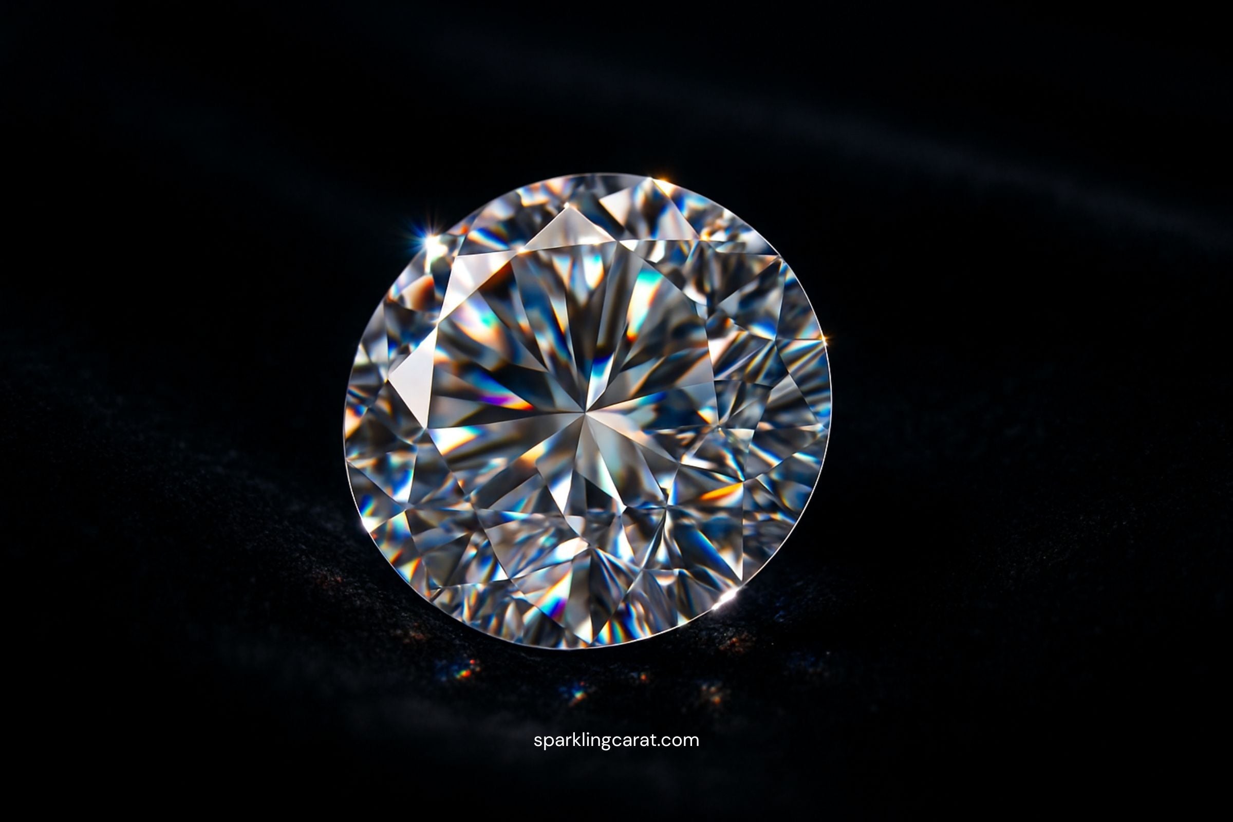Round brilliant diamond sparkling with white and rainbow light on black velvet.
