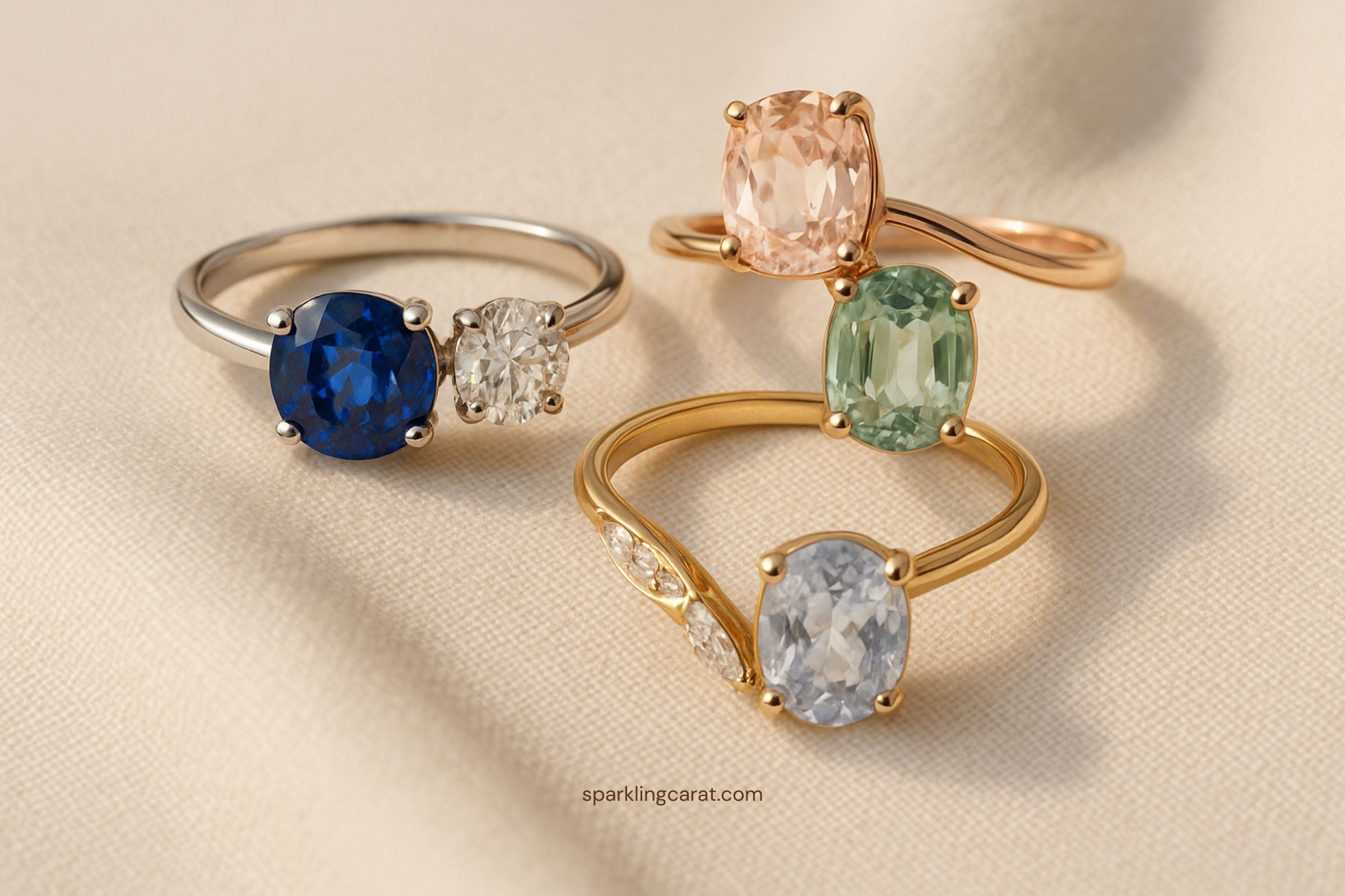 Three Toi et Moi rings: sapphire and diamond in platinum, emerald and morganite in rose gold, mixed-cut diamond and sapphire on a bypass band.