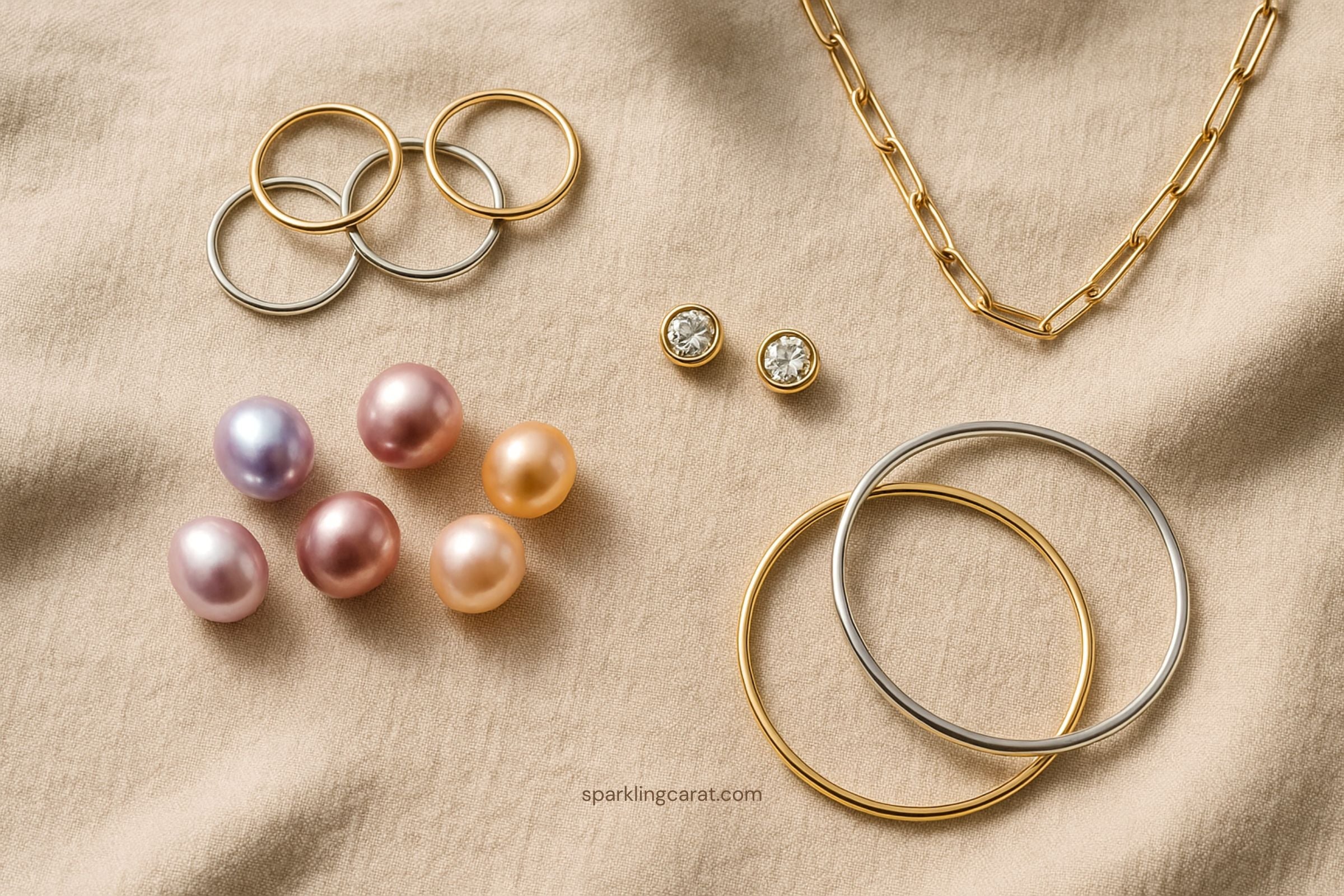 Assorted 2025 trending jewelry including rings, chains, pearls, and bangles on fabric background.