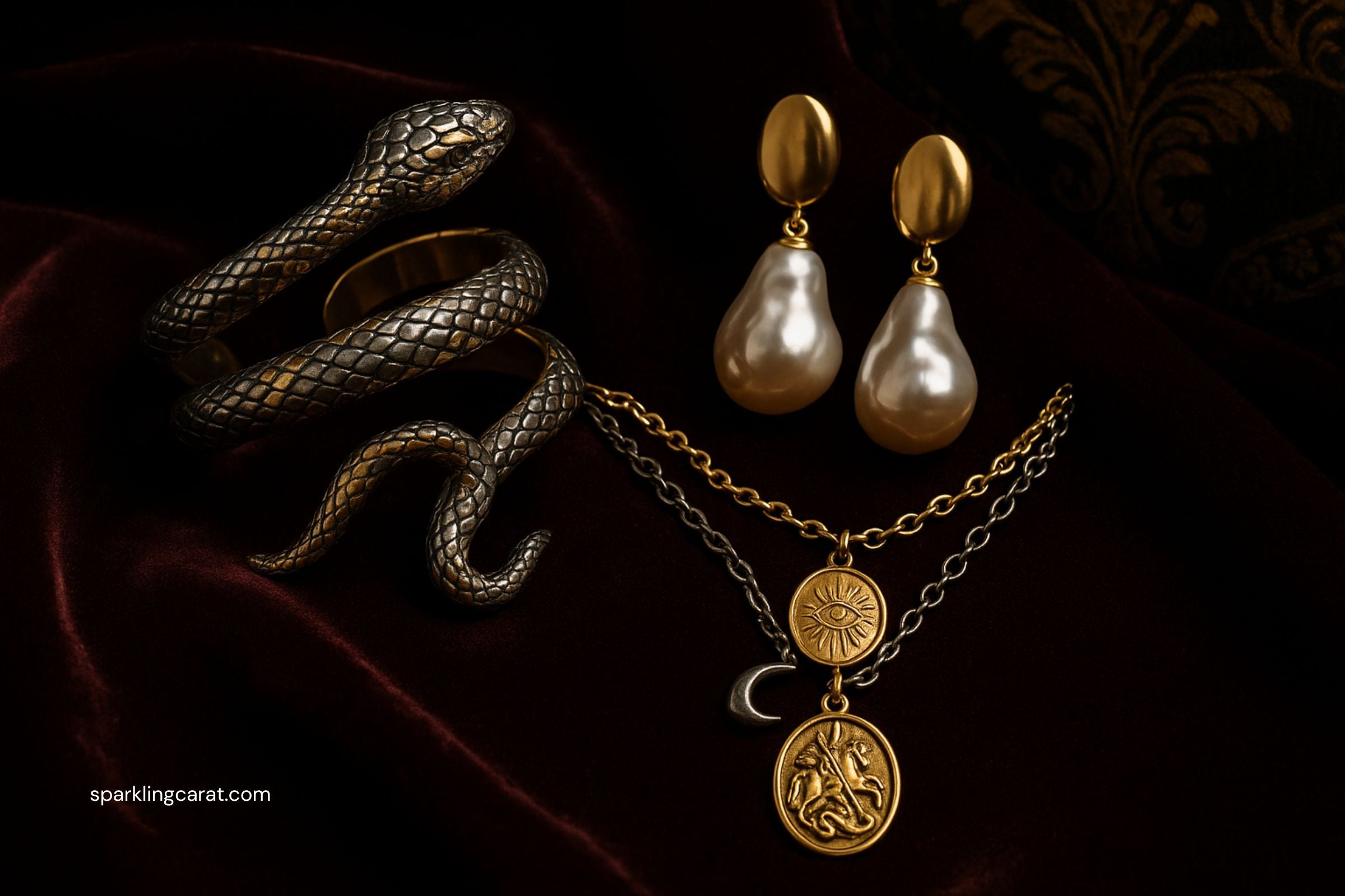 Snake motif cuff, baroque pearl drop earrings, story-telling pendant necklace layered together.