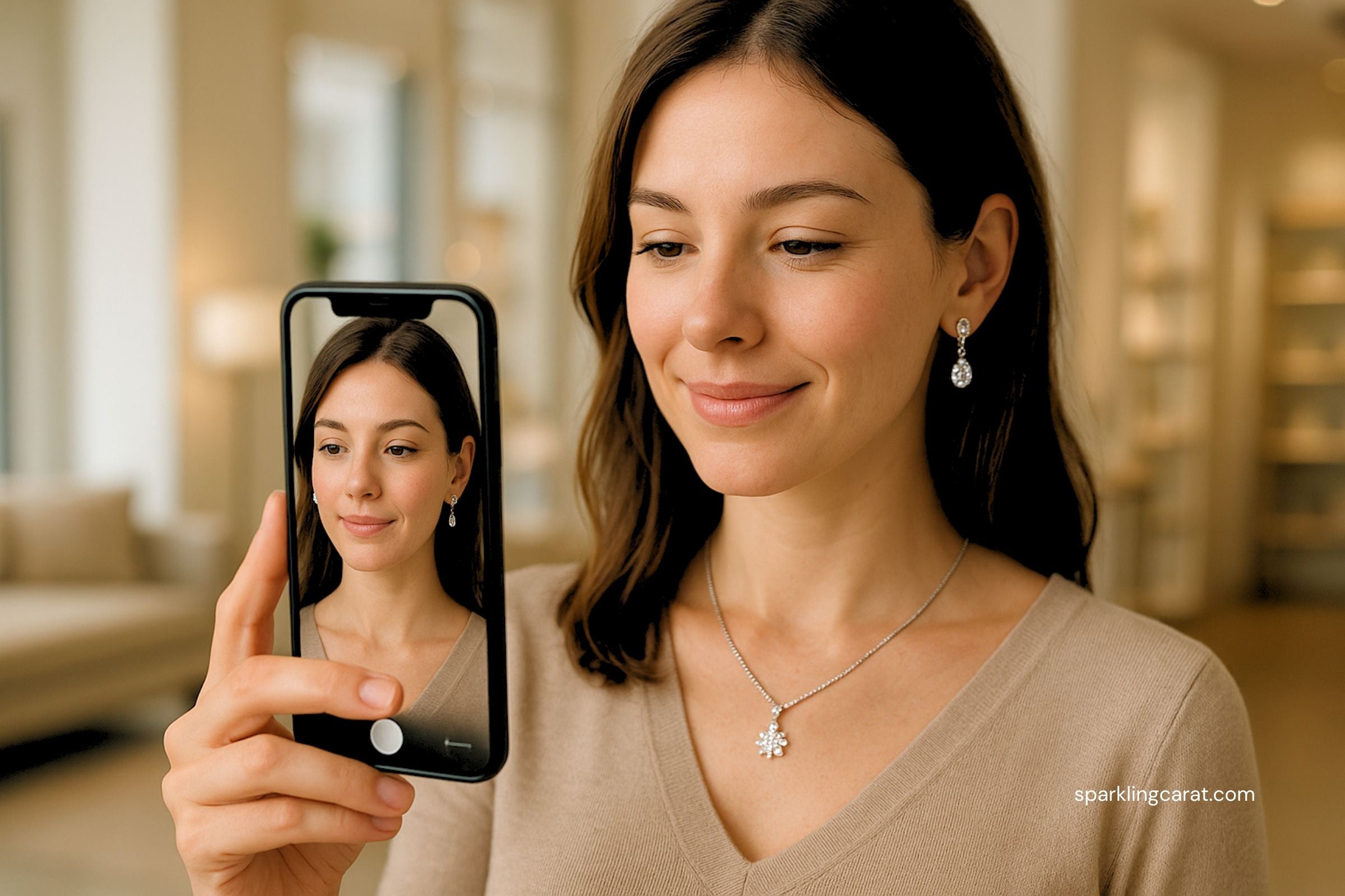 Woman using virtual try-on app to see how earrings would look before purchasing online.