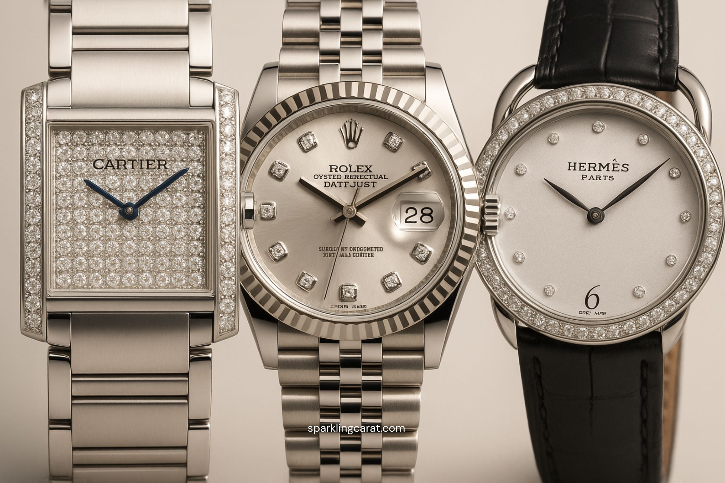 Three luxury diamond-dial watches: Cartier Tank Française fully pavé-set in diamonds, Rolex Datejust with diamond hour markers, Hermès Arceau with subtle diamond indices.