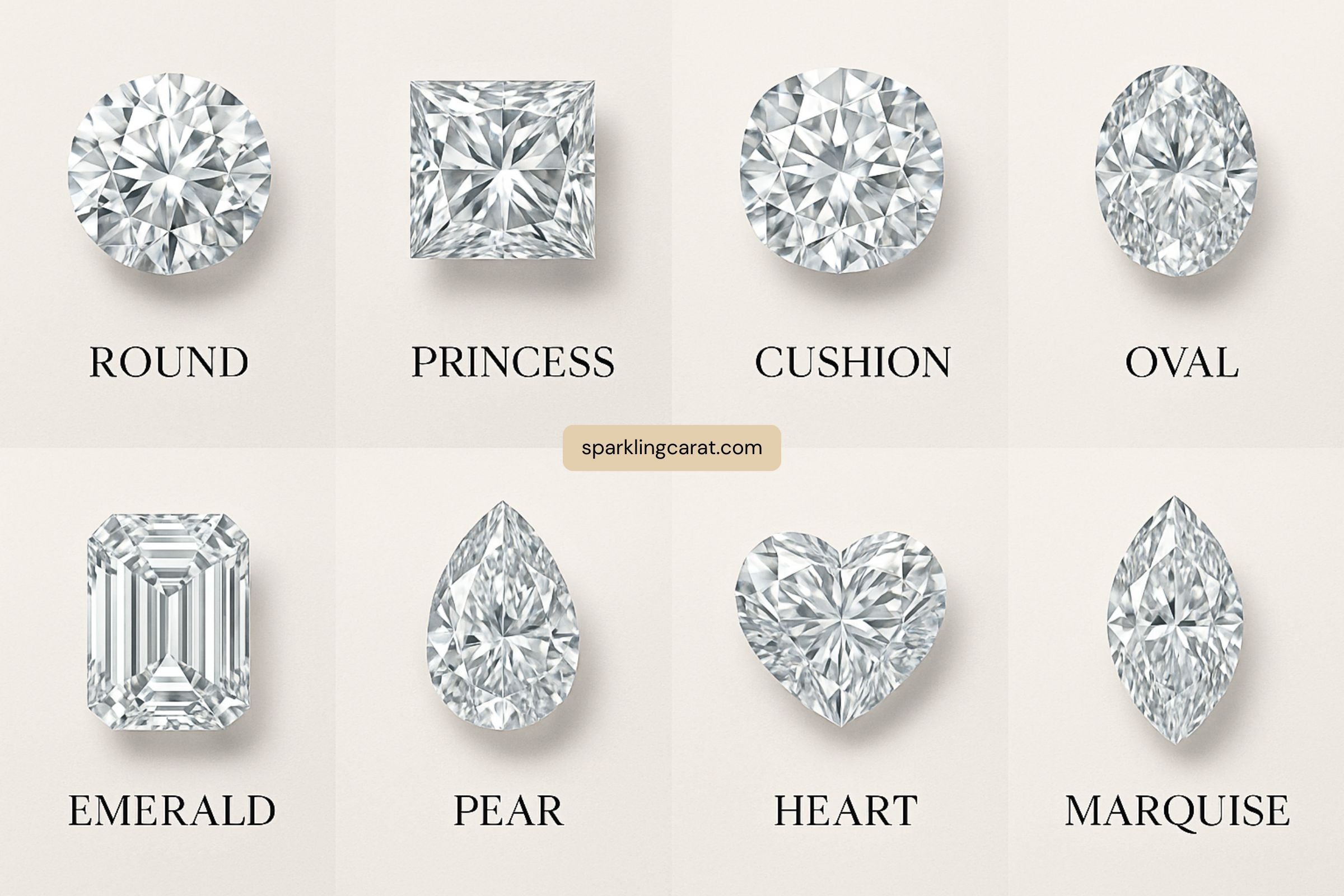 Visual comparison of popular diamond shapes: round, princess, cushion, oval, emerald, pear, heart, and marquise.