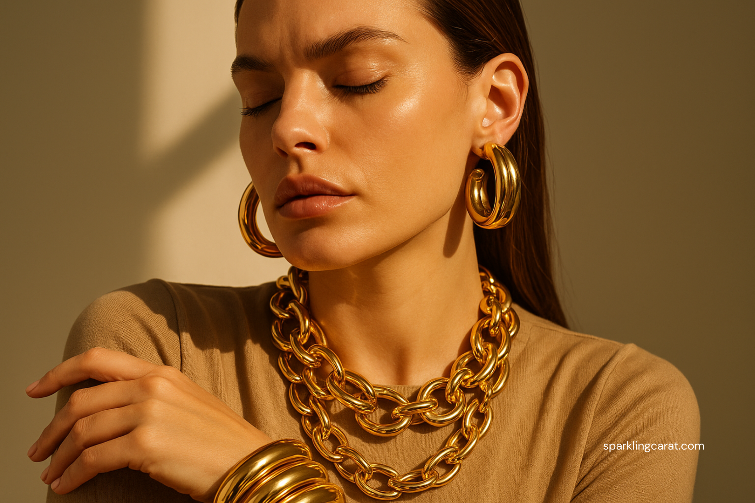 Chunky yellow gold chain necklace styled on neutral outfit.